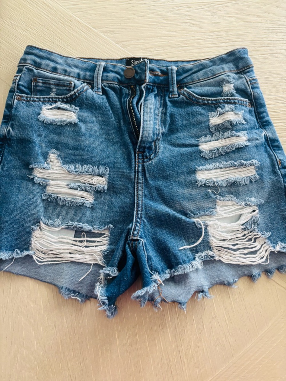 Distressed High-Rise Denim Shorts - Blue